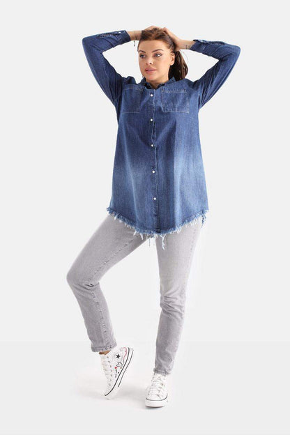 Denim Long Sleeved Shirt With Frayed Hem - Carina - ÙƒØ§Ø±ÙŠÙ†Ø§