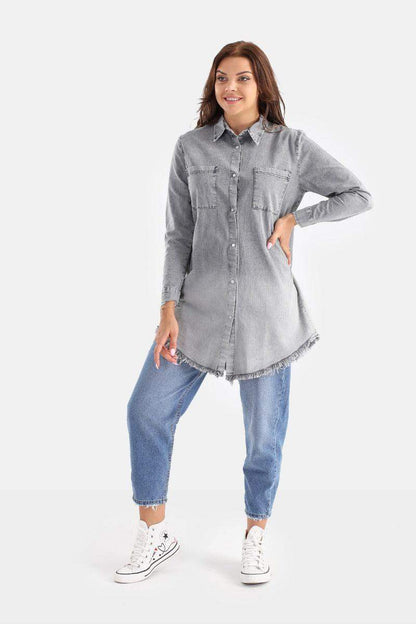 Denim Long Sleeved Shirt With Frayed Hem - Carina - ÙƒØ§Ø±ÙŠÙ†Ø§