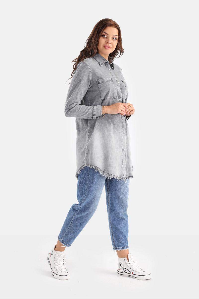 Denim Long Sleeved Shirt With Frayed Hem - Carina - ÙƒØ§Ø±ÙŠÙ†Ø§