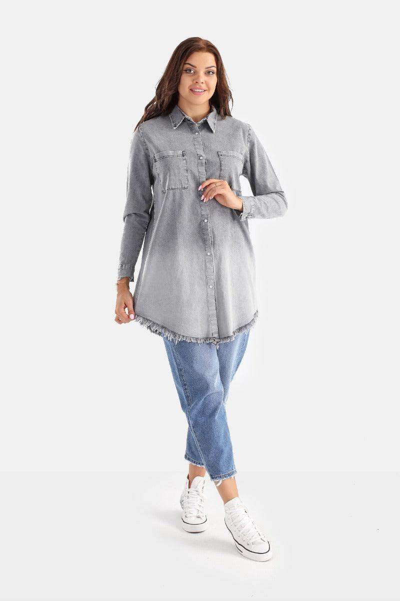 Denim Long Sleeved Shirt With Frayed Hem - Carina - ÙƒØ§Ø±ÙŠÙ†Ø§