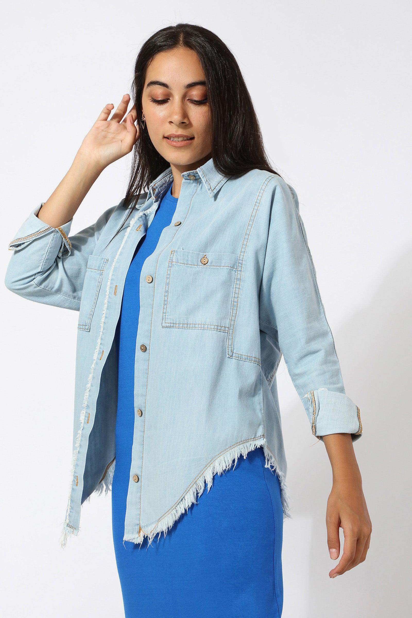 Distressed Button Down Denim Shirt - Carina - ÙƒØ§Ø±ÙŠÙ†Ø§