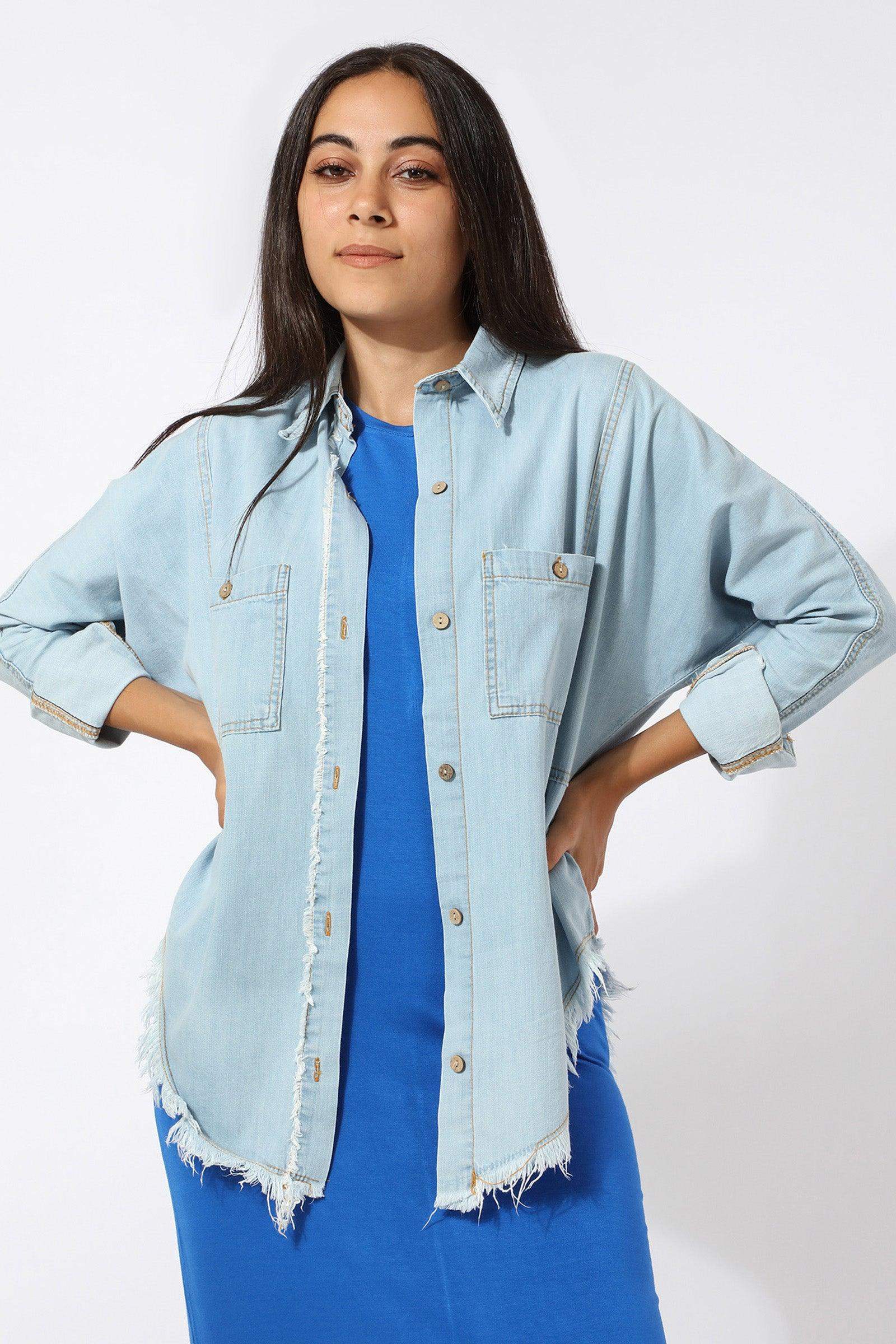 Distressed Button Down Denim Shirt - Carina - ÙƒØ§Ø±ÙŠÙ†Ø§