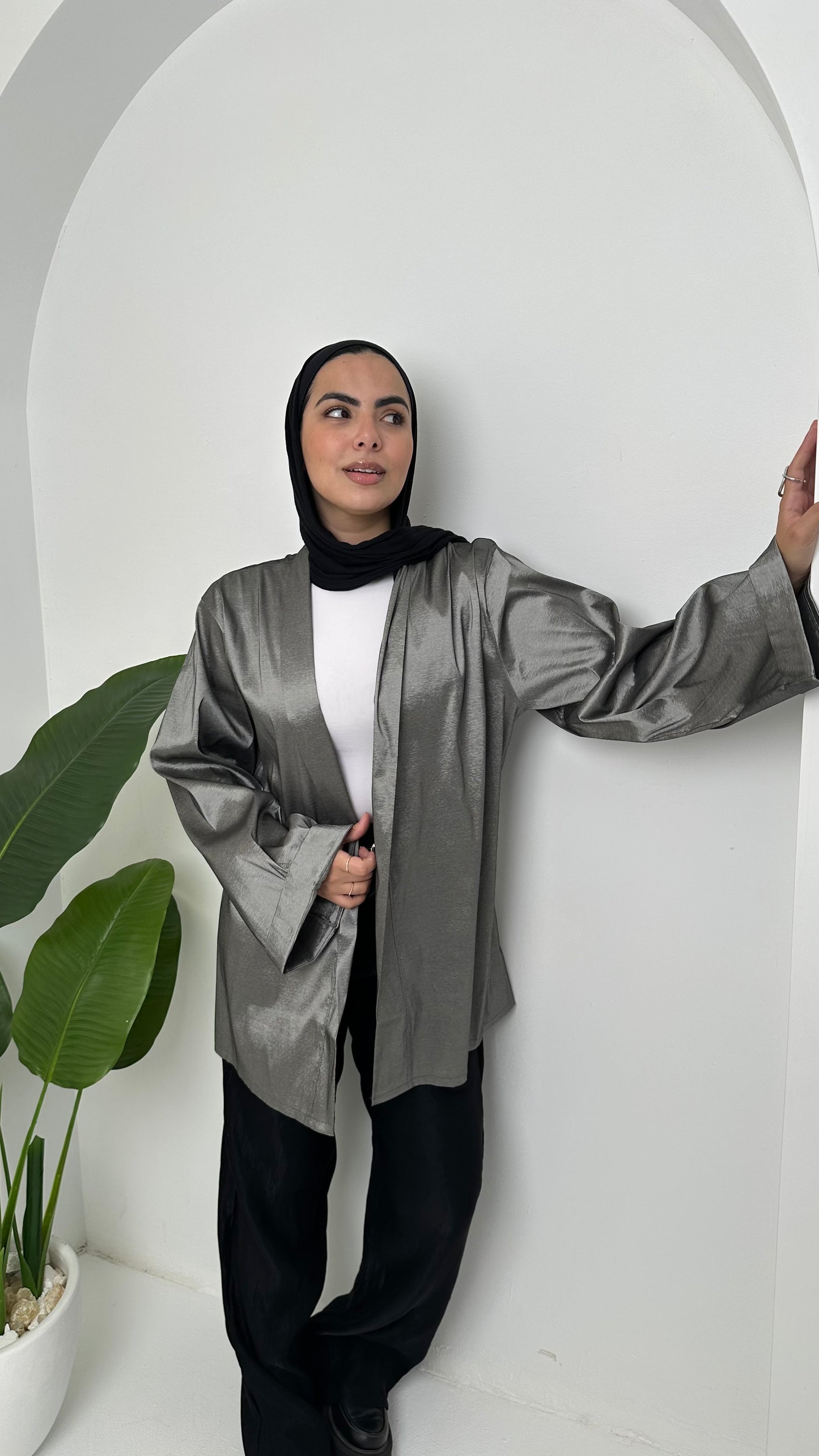 Satin Solid Kimono Jacket – Silver Grey