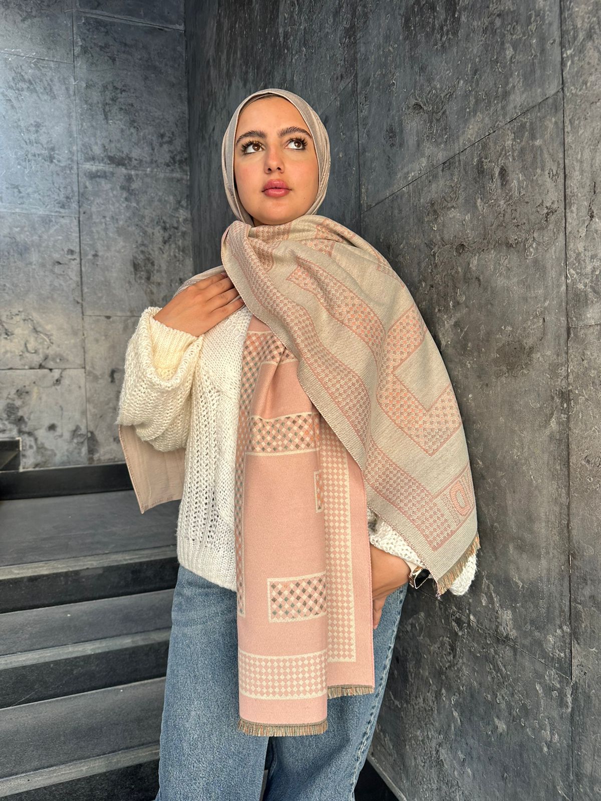 Double Face Winter Shawl-Nude pink