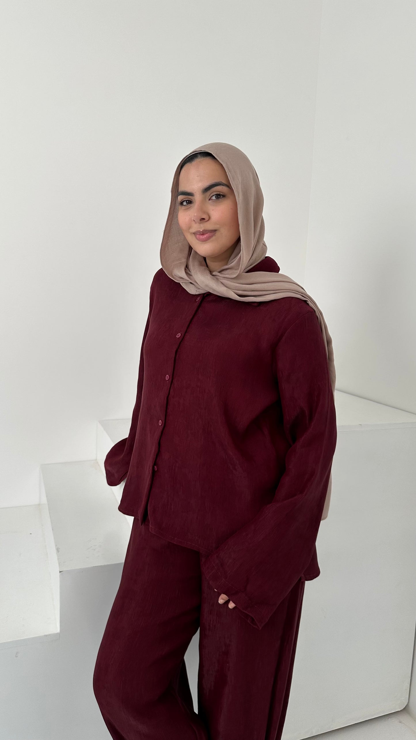 Textured Solid Co-Ord Set – Burgundy