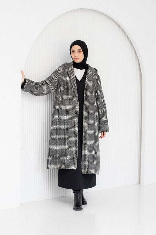 Check Wool Dress Coat Wide Flow – Gray