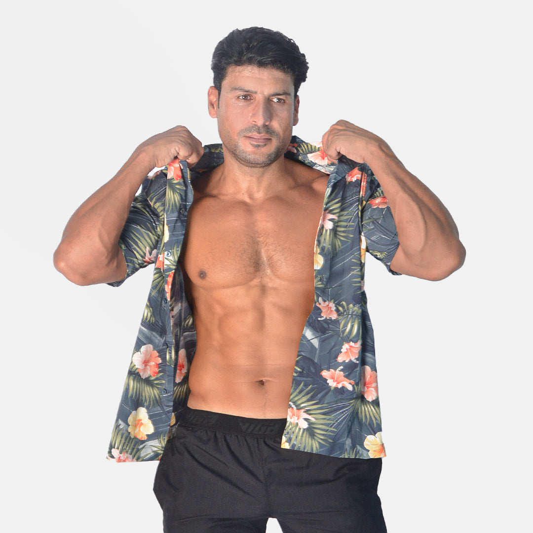 Polyester Tropical Print Hawaiian Shirt – Multicolor