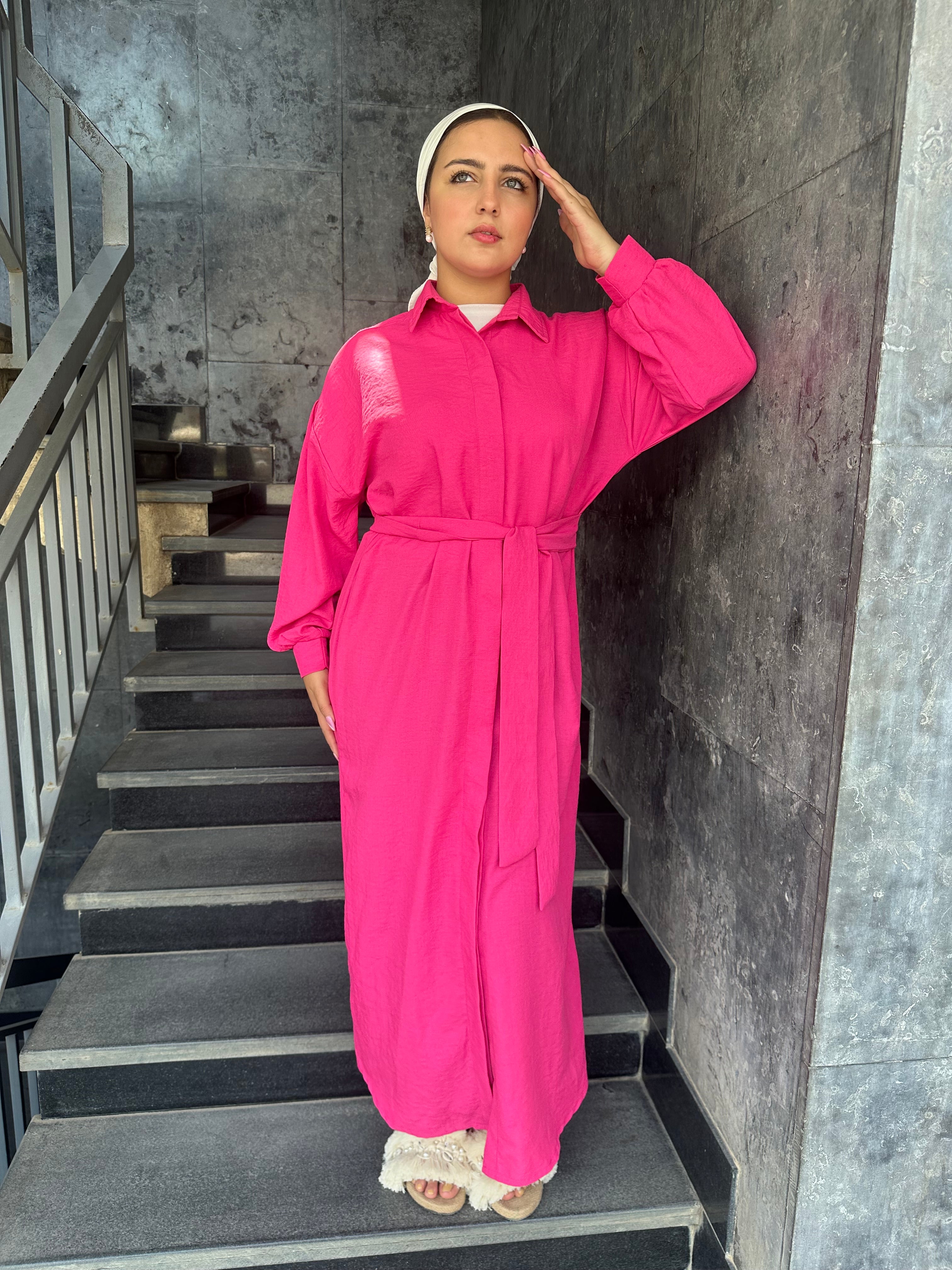 Linen Plain Beach Dress – Hot Pink