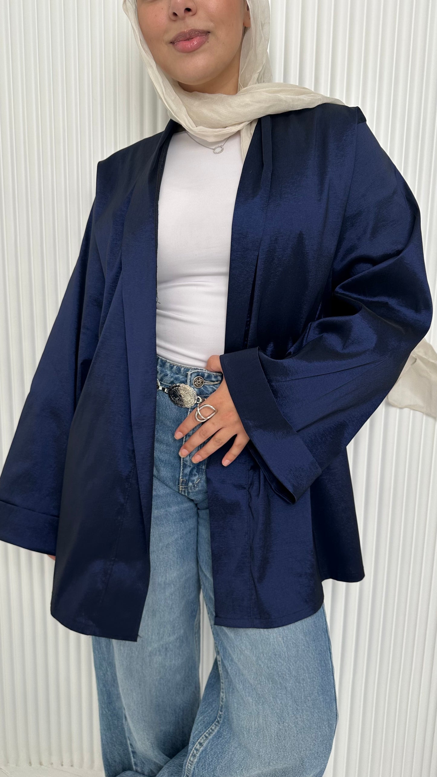 Satin Solid Kimono Jacket – Navy