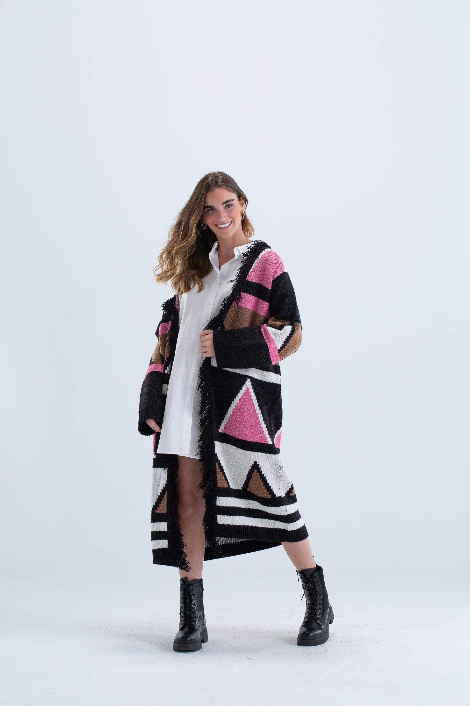 Geometric Pattern Midi Cardigan - Carina - ÙƒØ§Ø±ÙŠÙ†Ø§