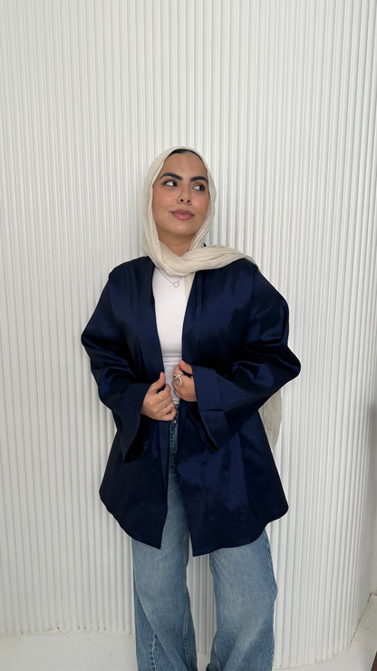 Satin Solid Kimono Jacket – Navy