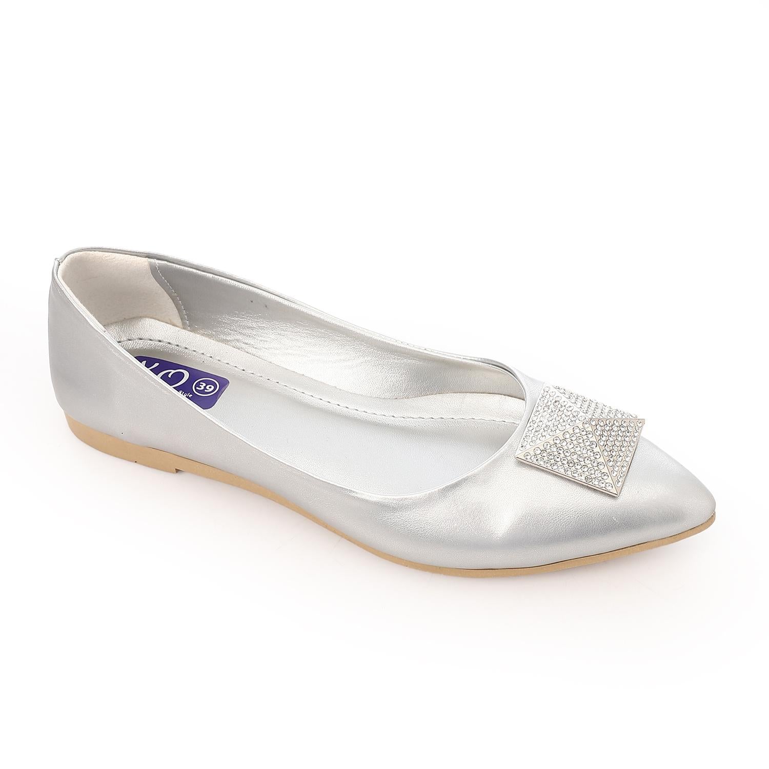Faux Leather Embellished Ballet Flats - Silver