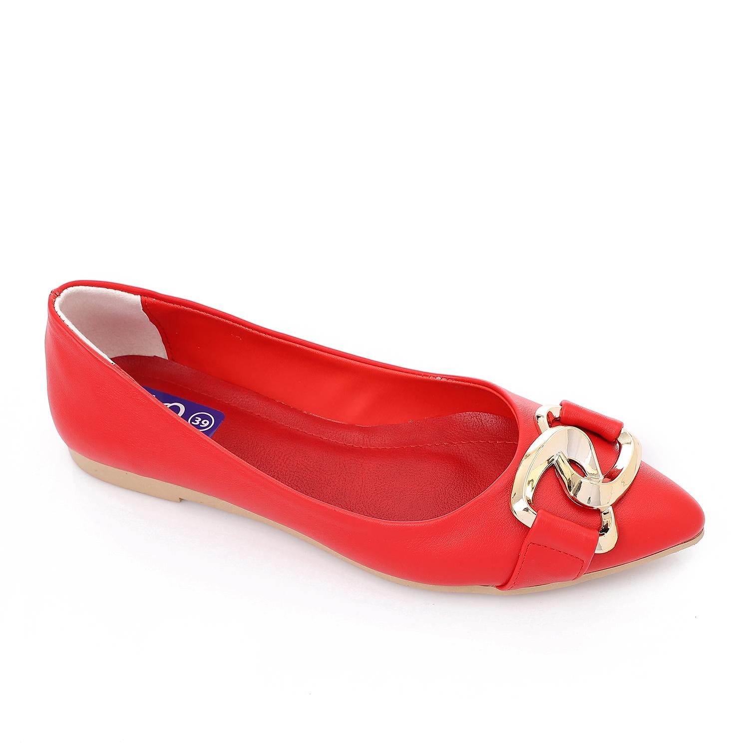 Faux Leather Pointed-Toe Ballet Flat - Red