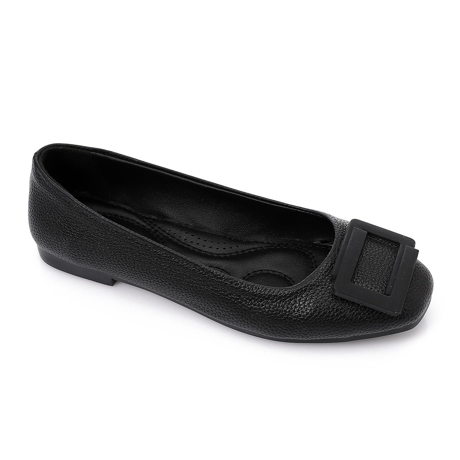 Faux Leather Textured Buckle Ballet Flats - Black