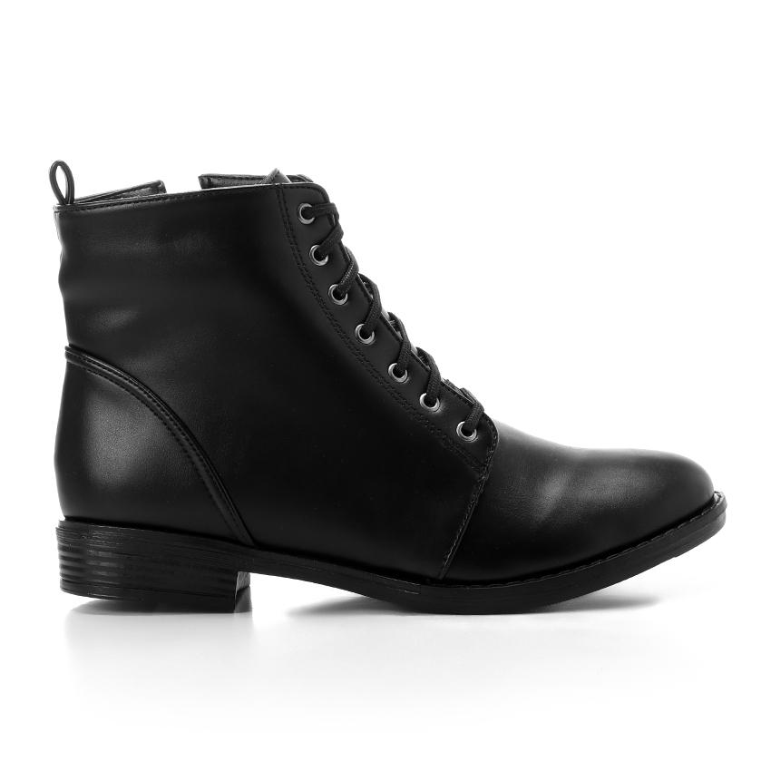 Faux Leather Solid Combat Boot - Black