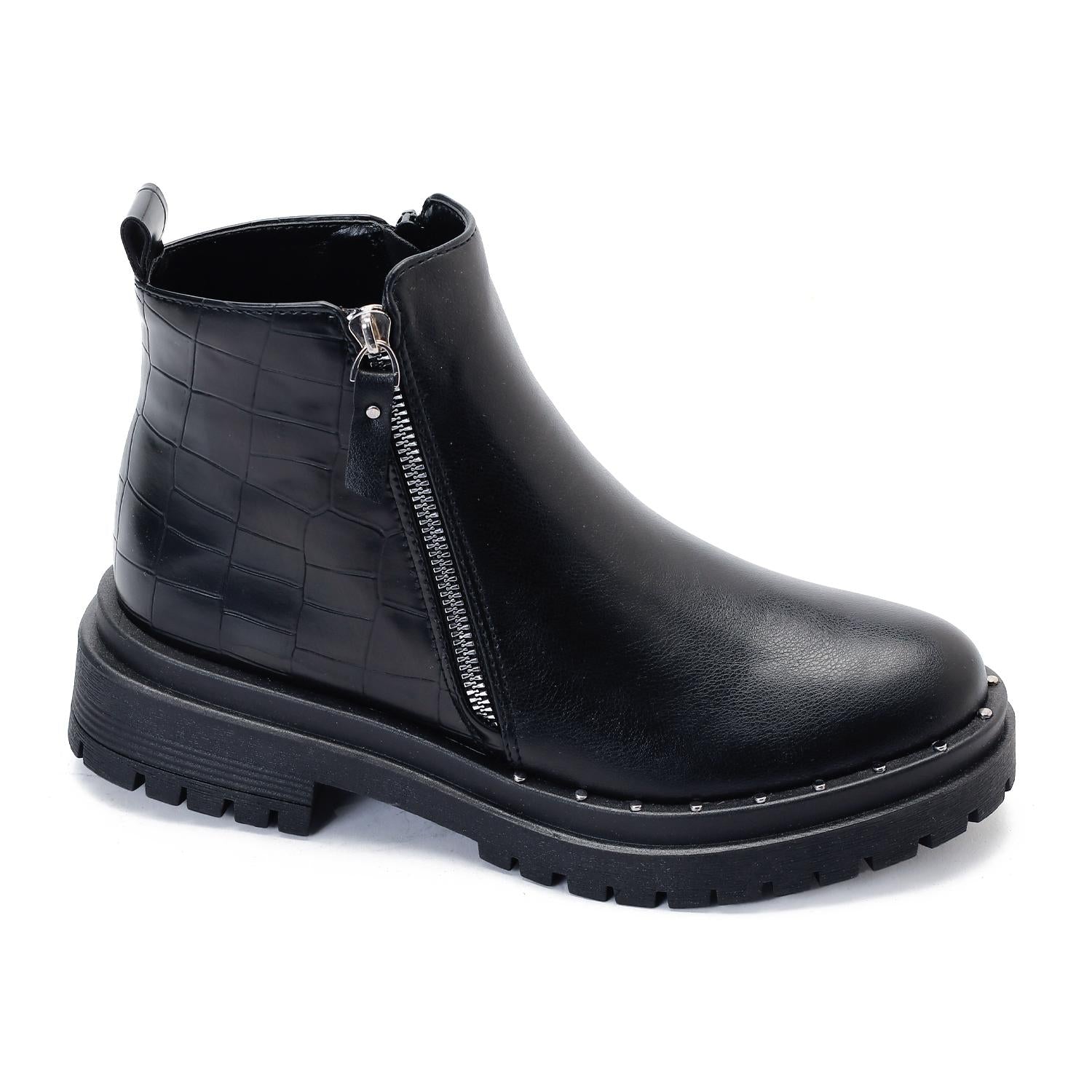 Faux Leather Ankle Boot - Black