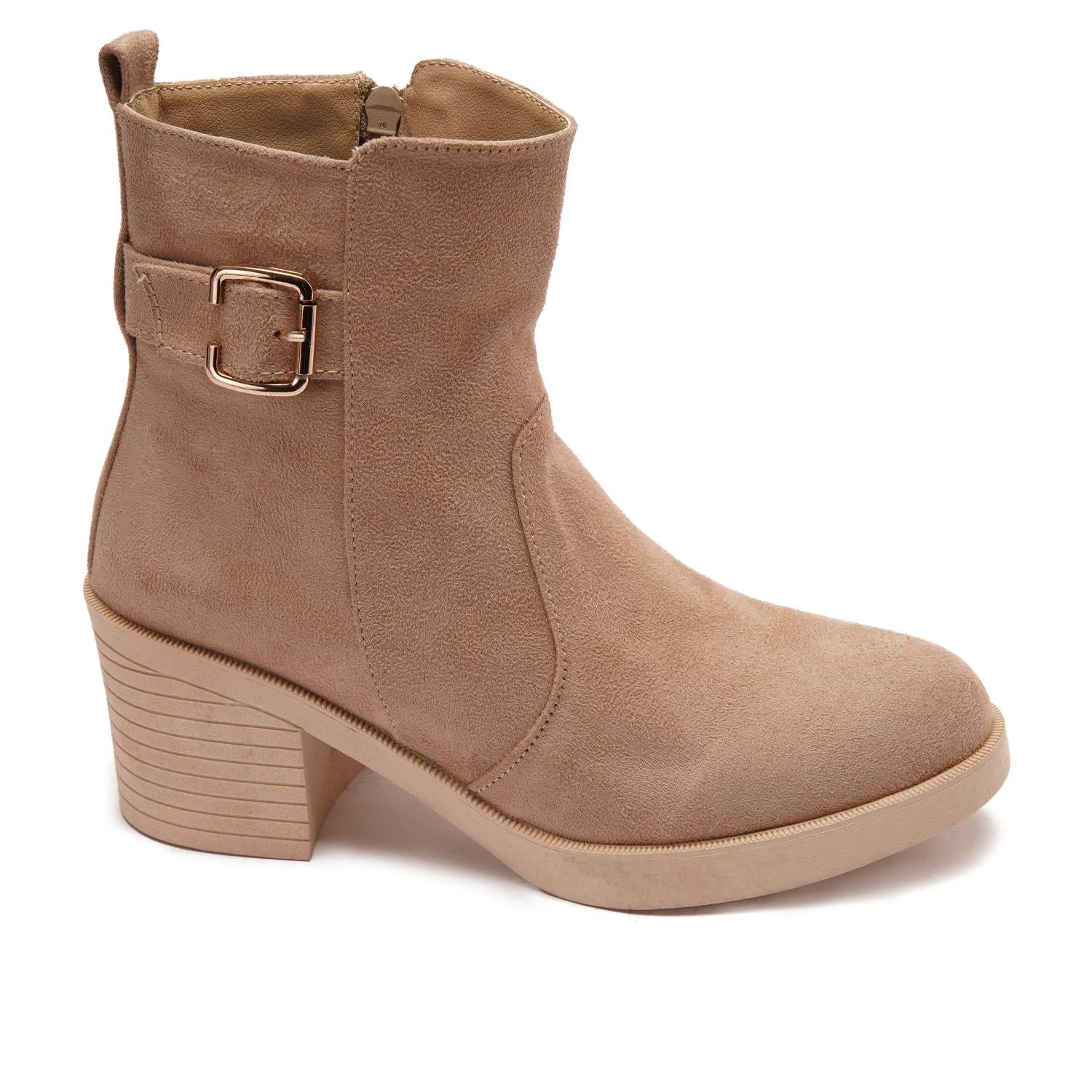 Faux Leather Suede Ankle Boot - Beige