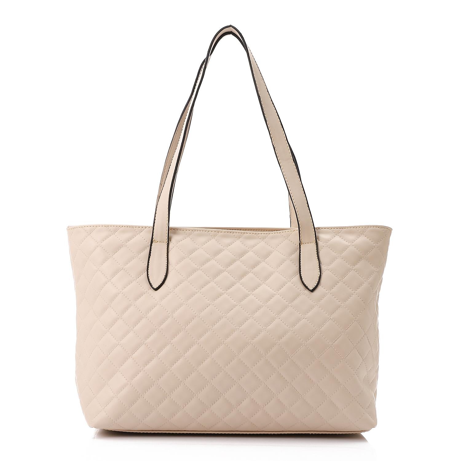 Faux Leather Quilted Tote Bag - Beige