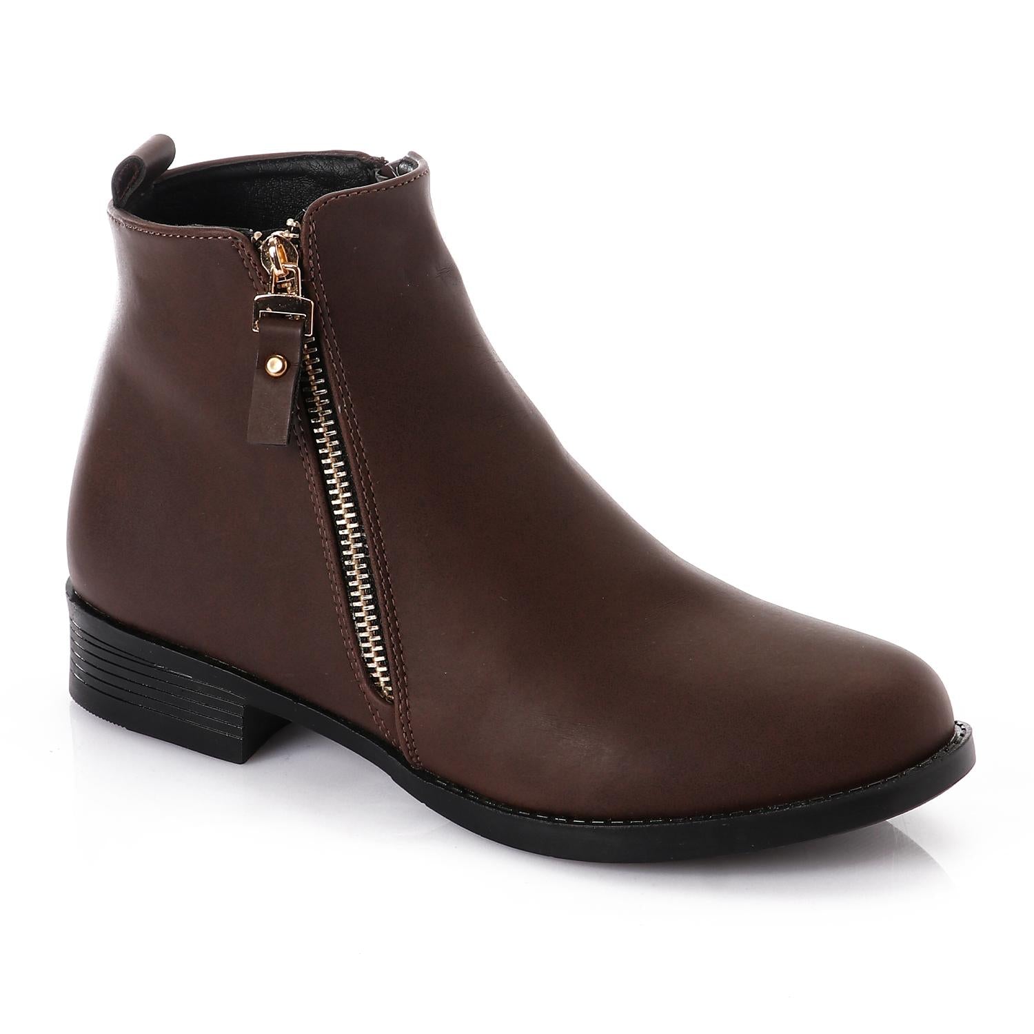 Faux Leather Ankle Boot - Brown
