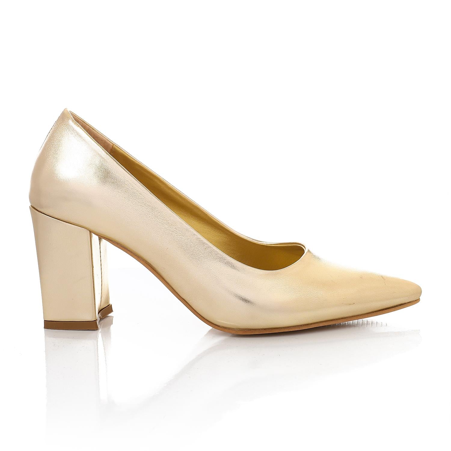 Faux Leather Pointed Toe Pumps - Gold