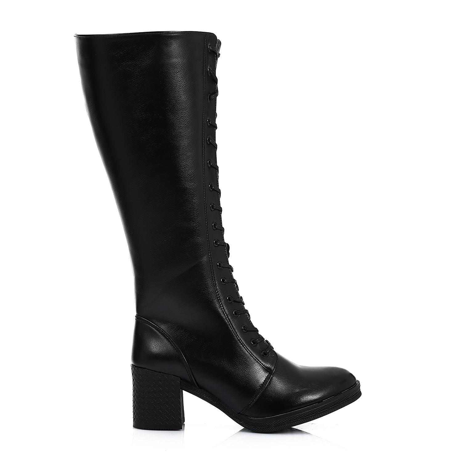Mirror Finish Lace-Up Knee Boots – Black