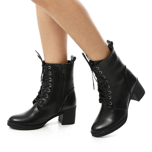Leather Solid Combat Boots - Black
