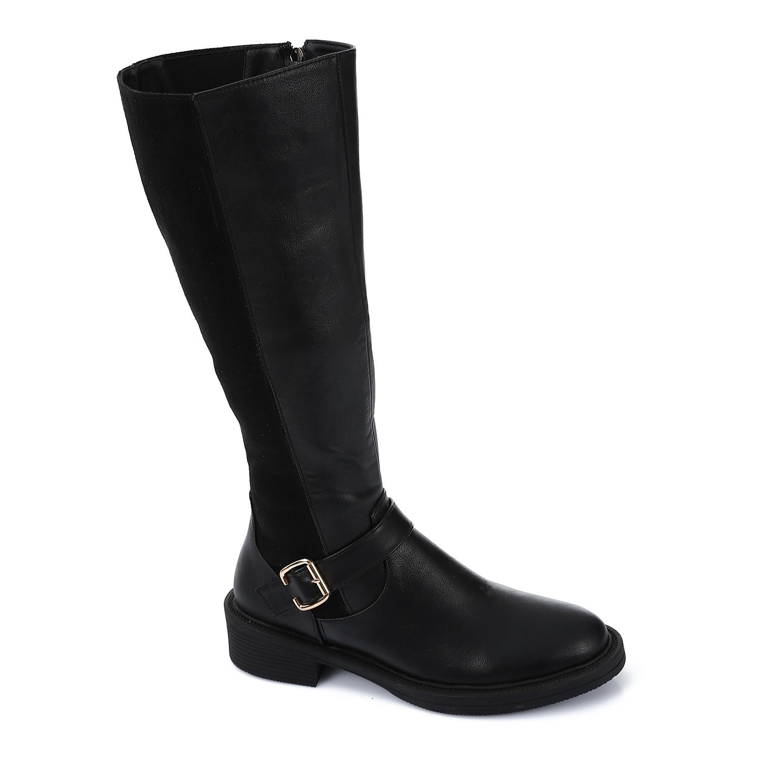 Leather Suede Mid Calf Boot - Black