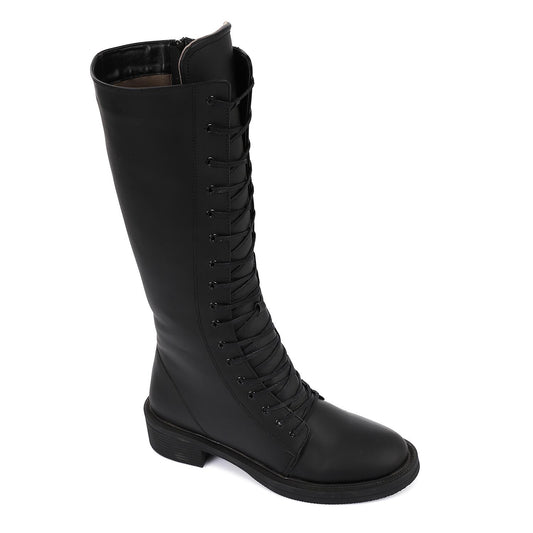 Leather Solid Knee-High Boots - Black