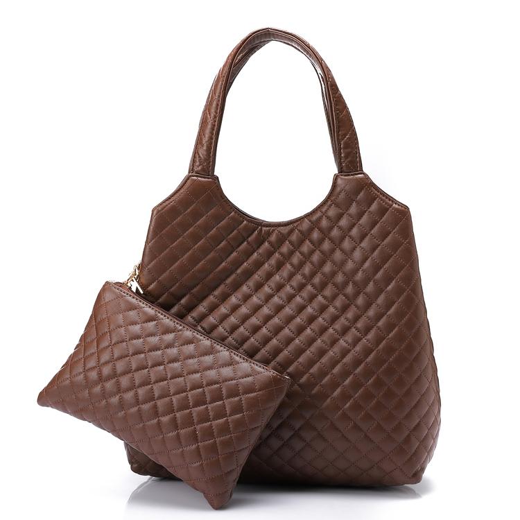 Faux Leather Quilted Hand Bag - Dark Brown