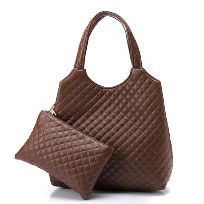 Faux Leather Quilted Hand Bag - Dark Brown