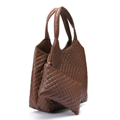 Faux Leather Quilted Hand Bag - Dark Brown