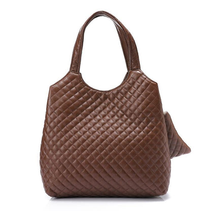 Faux Leather Quilted Hand Bag - Dark Brown