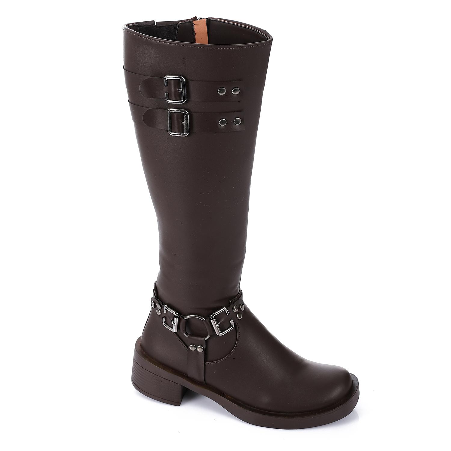 Faux Leather Solid Knee-High Boots - Brown