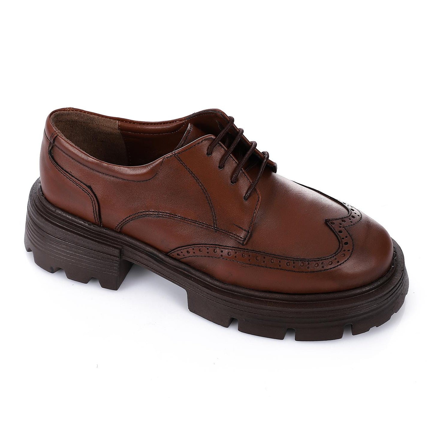Leather Solid Lace-Up Shoes - Brown