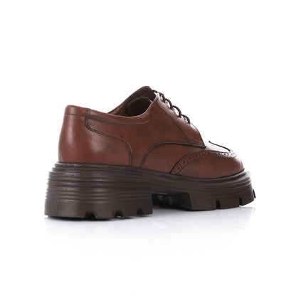 Leather Solid Lace-Up Shoes - Brown