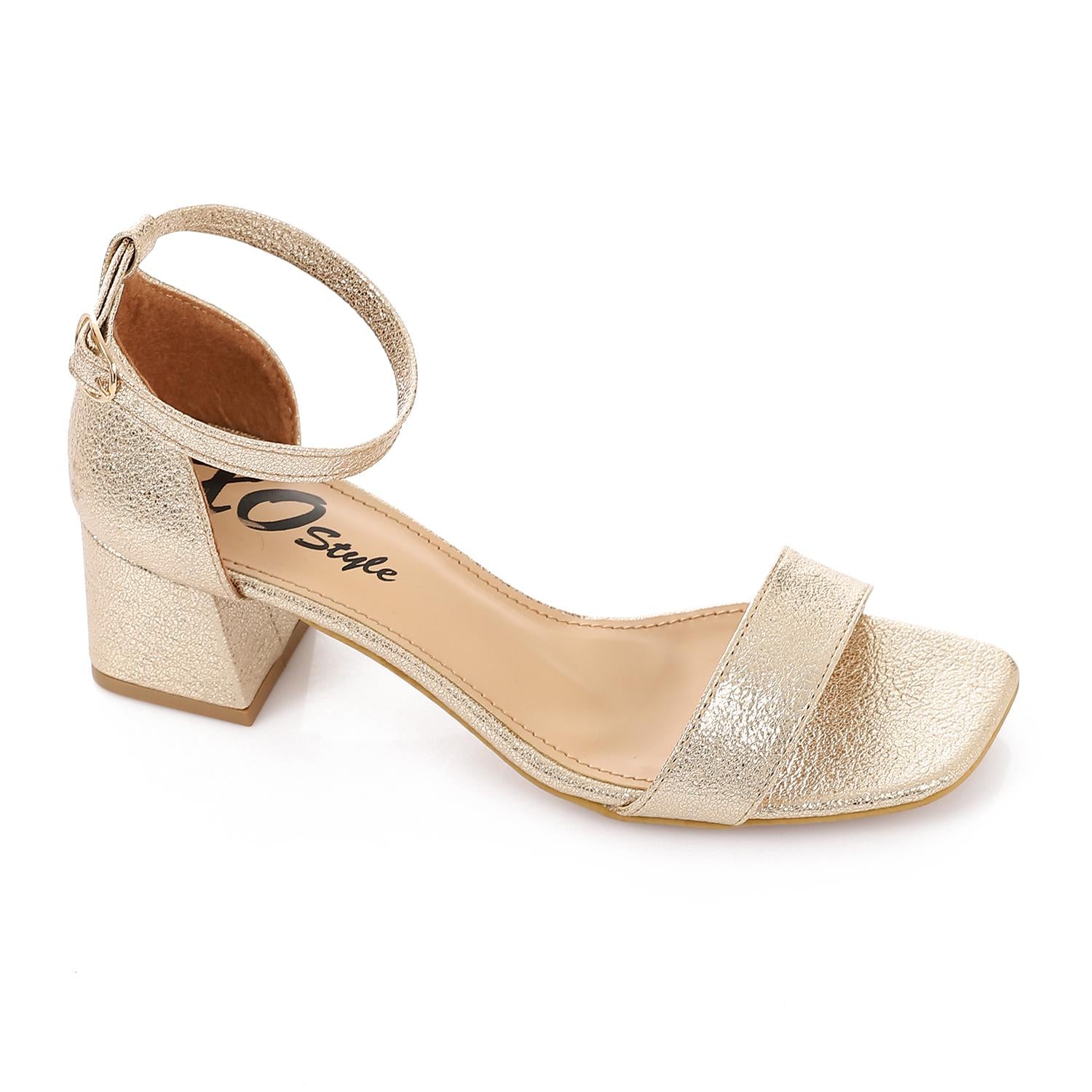 Faux Leather Low Heeled Ankle Strap Sandals - Gold