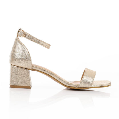 Faux Leather Low Heeled Ankle Strap Sandals - Gold