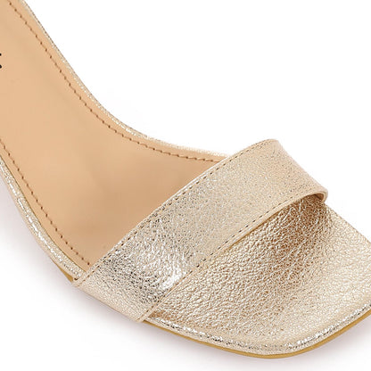 Faux Leather Low Heeled Ankle Strap Sandals - Gold