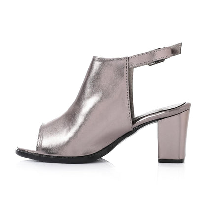 Faux Leather Solid Peep-Toe Sandals - Silver