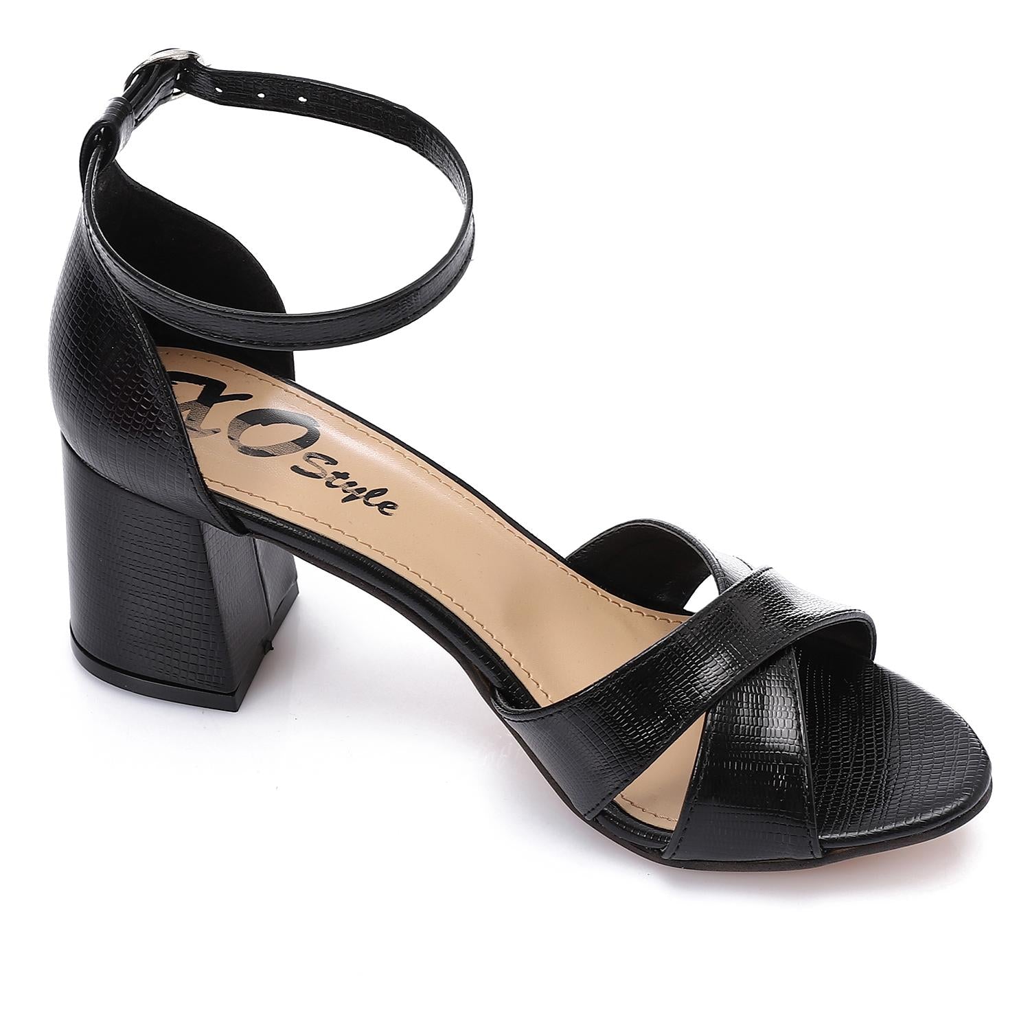 Faux Leather Metallic Textured Block Heel Sandals – Black
