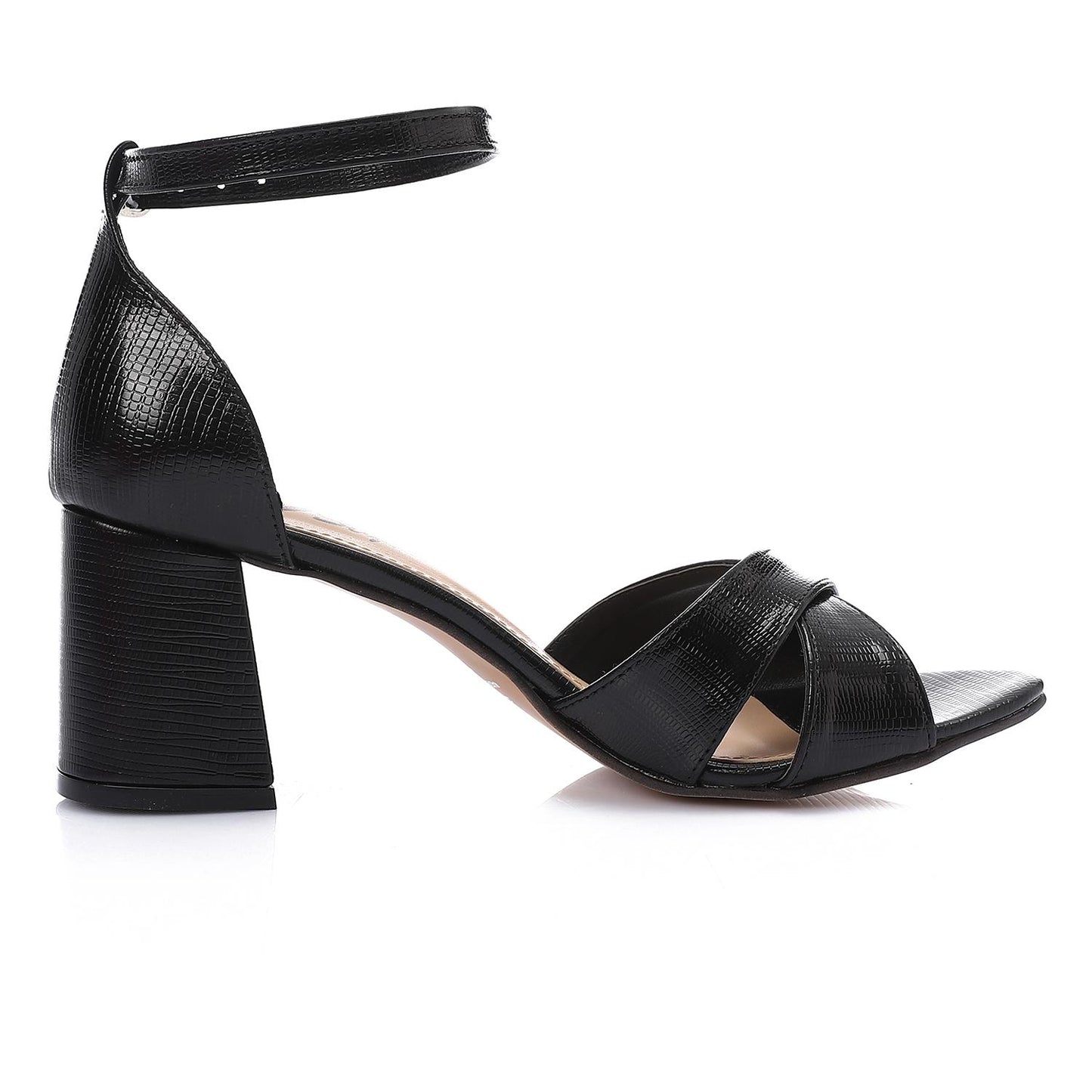 Faux Leather Metallic Textured Block Heel Sandals – Black