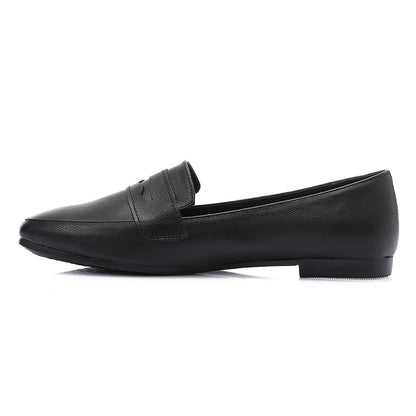Leather Solid Flat Loafers – Black