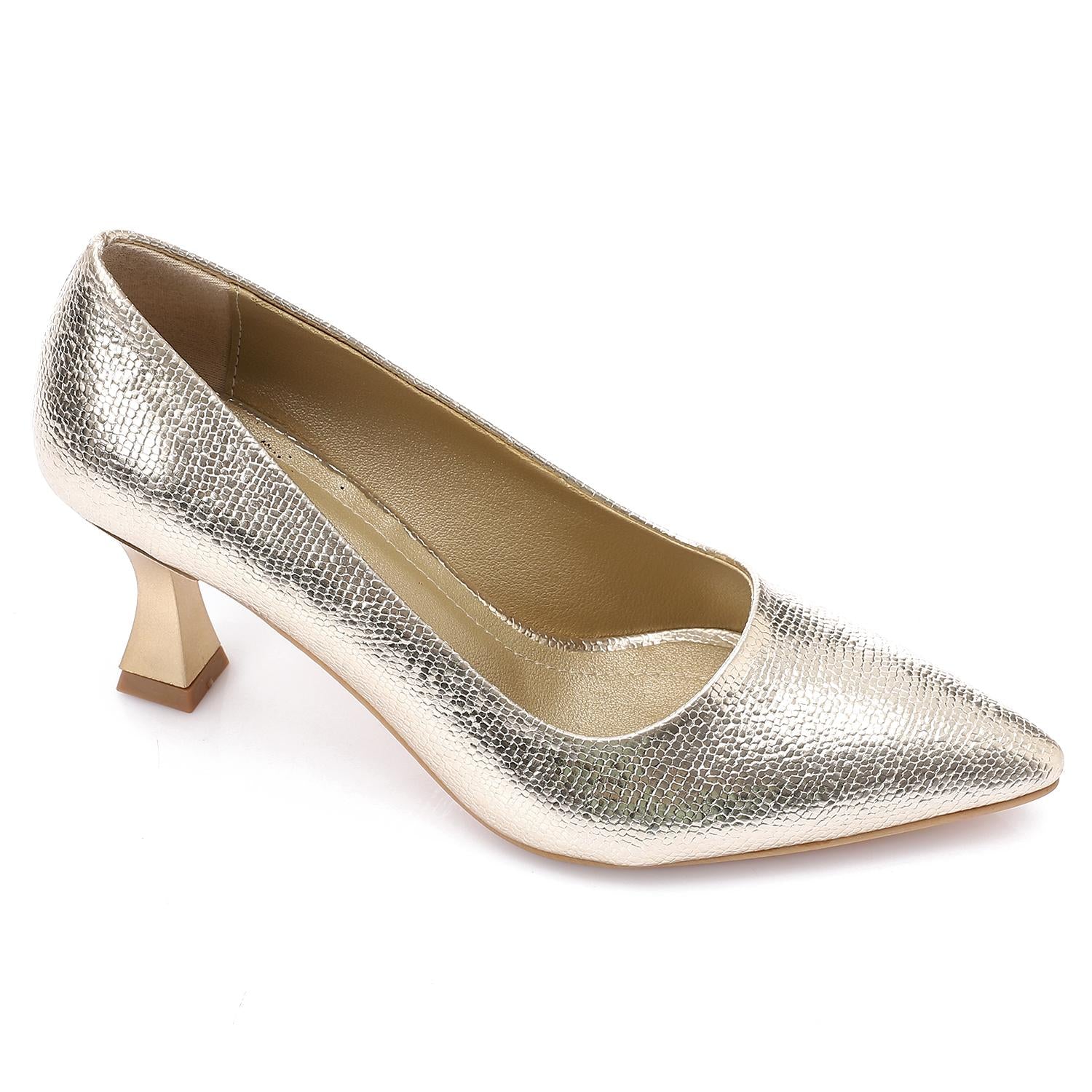 Faux Leather Textured Pointed-Toe Kitten Heels - Gold