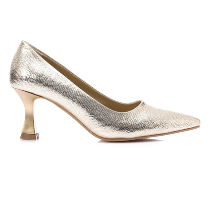 Faux Leather Textured Pointed-Toe Kitten Heels - Gold