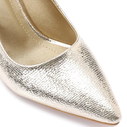 Faux Leather Textured Pointed-Toe Kitten Heels - Gold