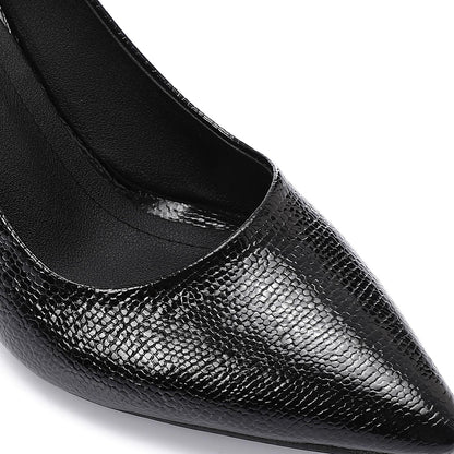 Faux Leather Textured Pointed-Toe Kitten Heels - Black