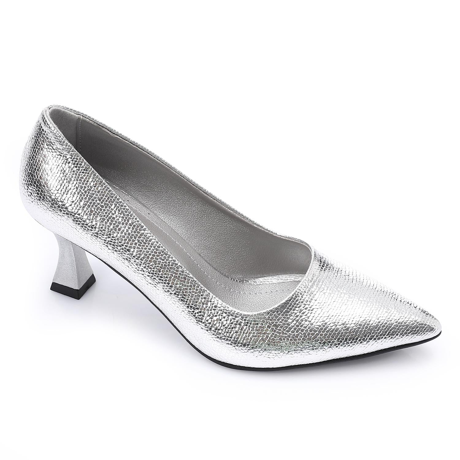 Faux Leather Textured Pointed-Toe Kitten Heels - Silver