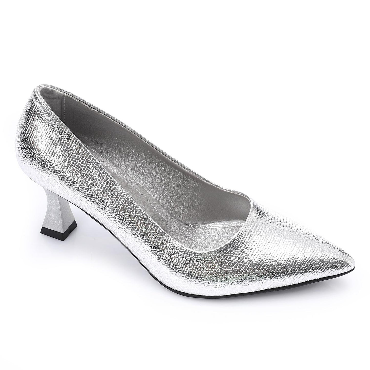 Faux Leather Textured Pointed-Toe Kitten Heels - Silver