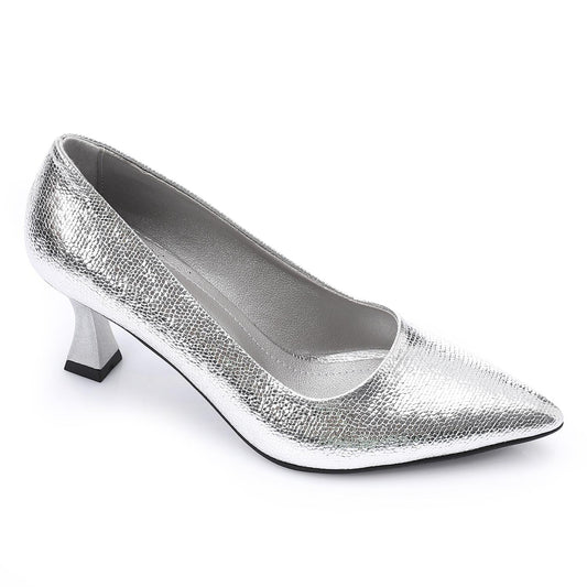 Faux Leather Textured Pointed-Toe Kitten Heels - Silver