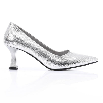 Faux Leather Textured Pointed-Toe Kitten Heels - Silver